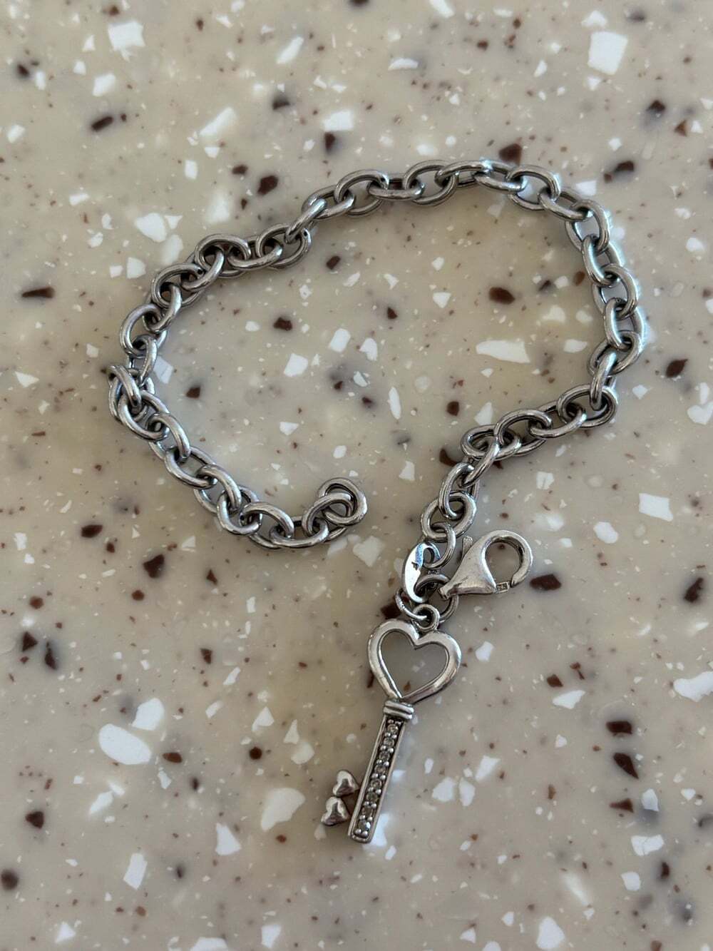 Sterling Silver 925 Heart Key Charm Bracelet - Real Diamond Accents - 4.9g
